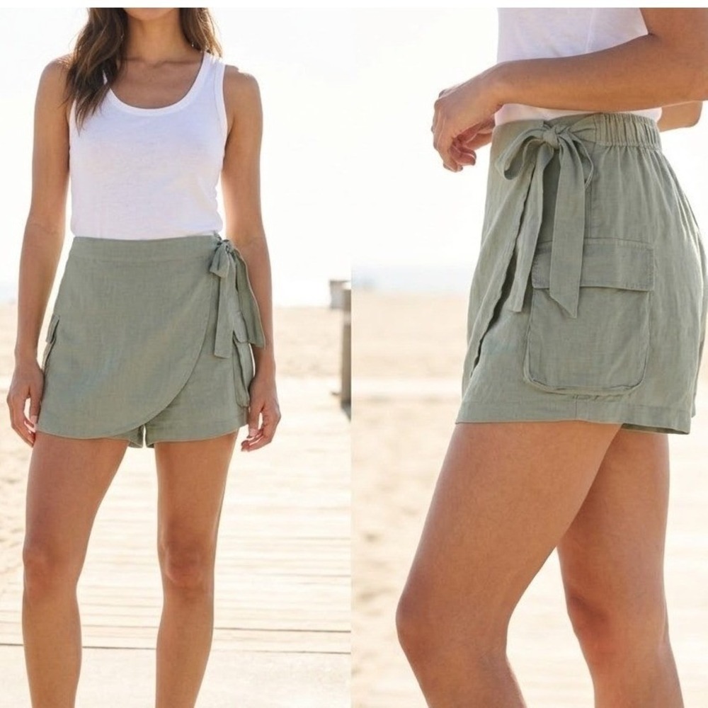 Joie‎ 100% Linen Wrap Cargo Skort Size Large Sage Green Utility Safari Tie Waist